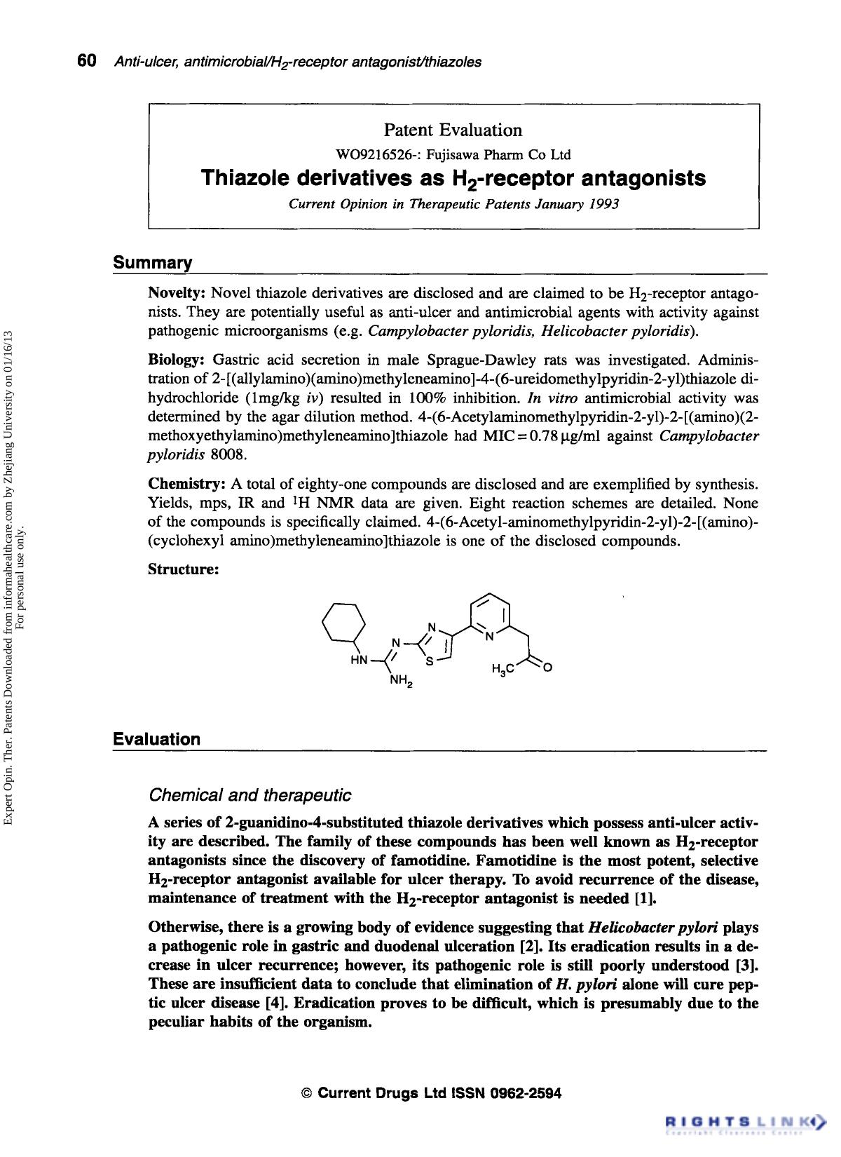 Patent Evaluation: Thiazole derivatives as H2-receptor antagonists by Unknown