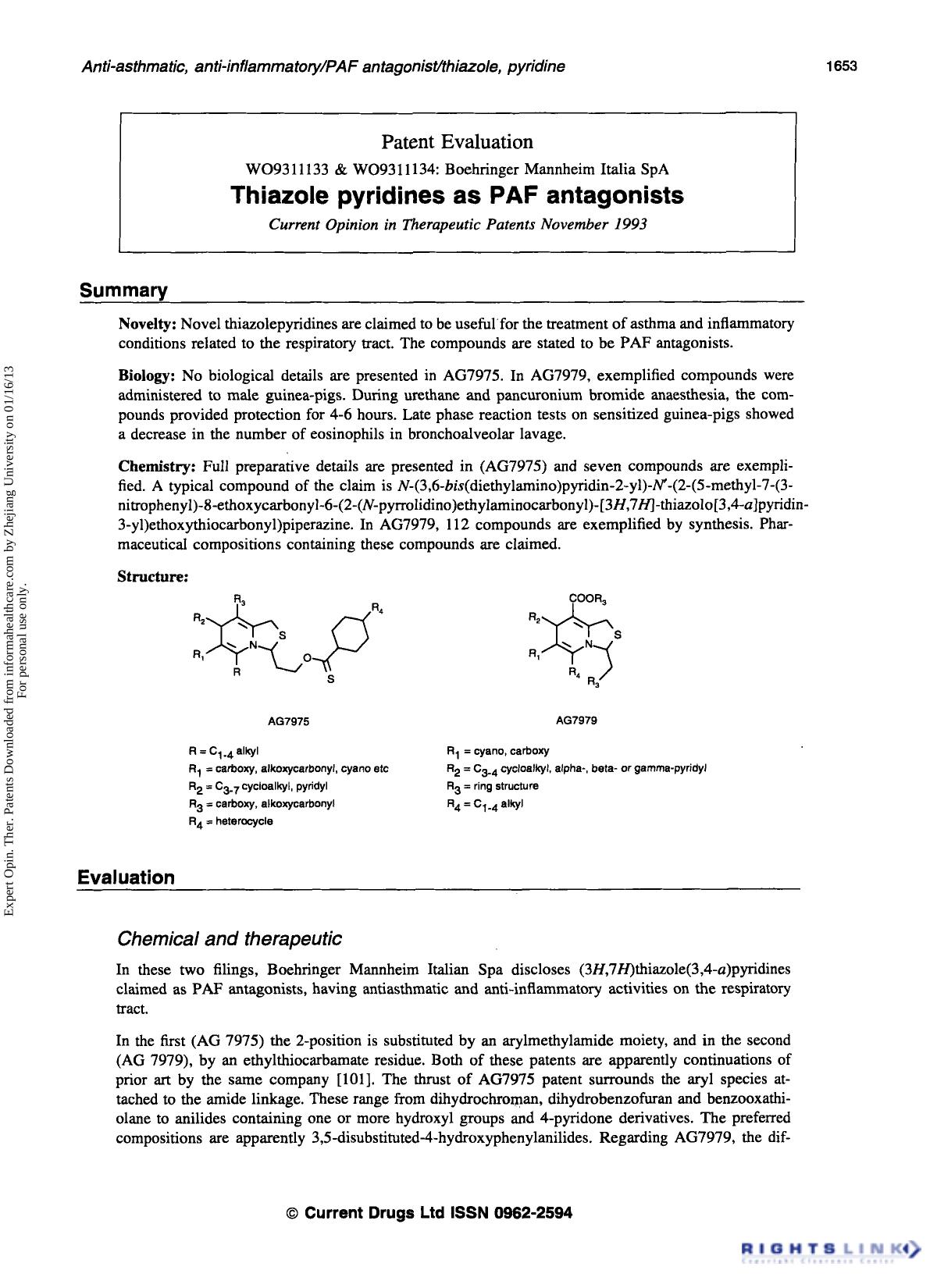 Patent Evaluation: Thiazole pyridines as PAF antagonists by Unknown