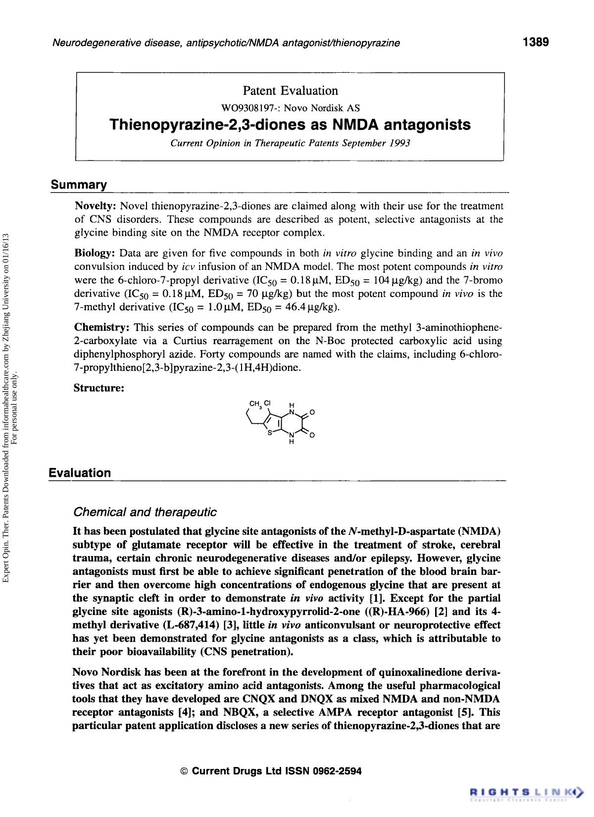Patent Evaluation: Thienopyrazine-2,3-diones as NMDA antagonists by Unknown