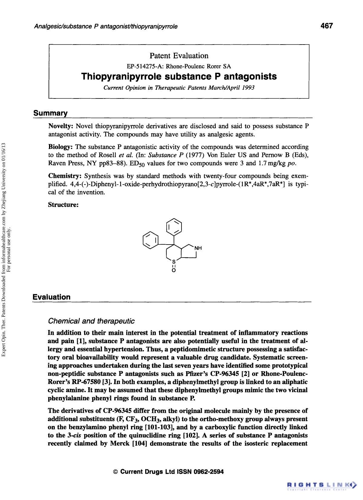 Patent Evaluation: Thiopyranipyrrole substance P antagonists by Unknown