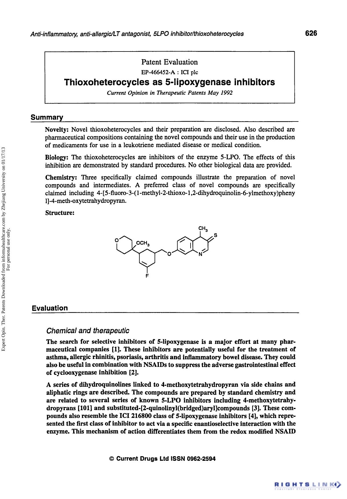 Patent Evaluation: Thioxoheterocycles as 5-lipoxygenase Inhibitors by Unknown