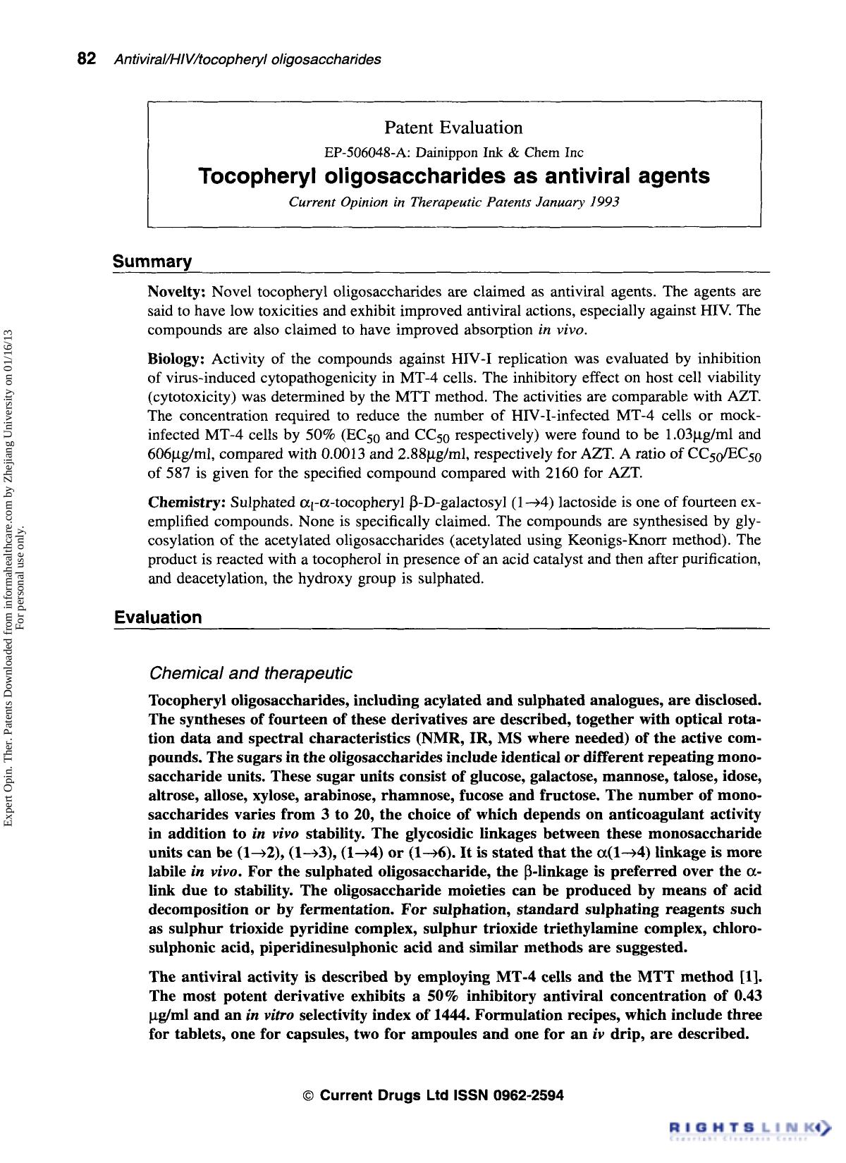 Patent Evaluation: Tocopheryl oligosaccharides as antiviral agents by Unknown