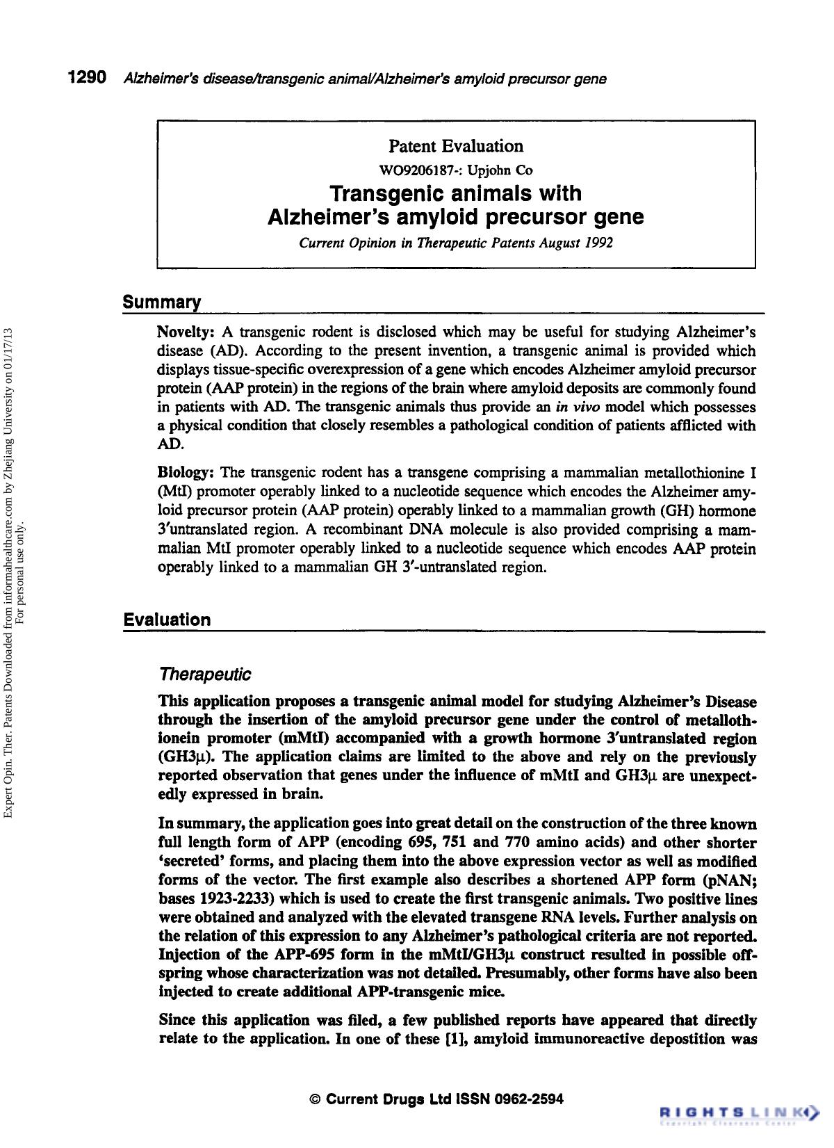 Patent Evaluation: Transgenic Animals with Alzheimer's Amyloid Precursor Gene by Unknown