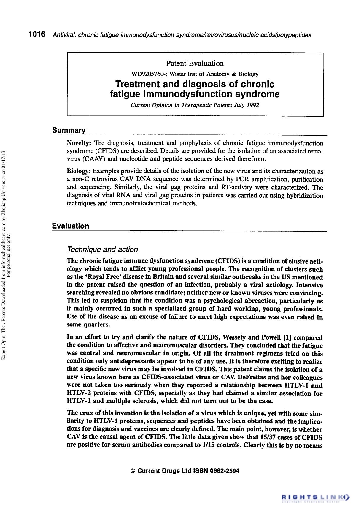 Patent Evaluation: Treatment and Diagnosis of Chronic Fatigue Immunodysfunction Syndrome by Unknown