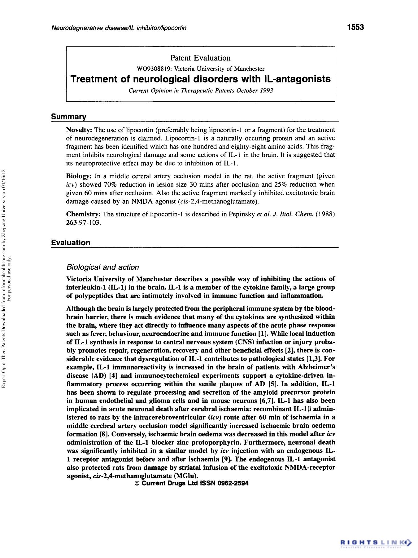 Patent Evaluation: Treatment of neurological disorders with IL-antagonists by Unknown