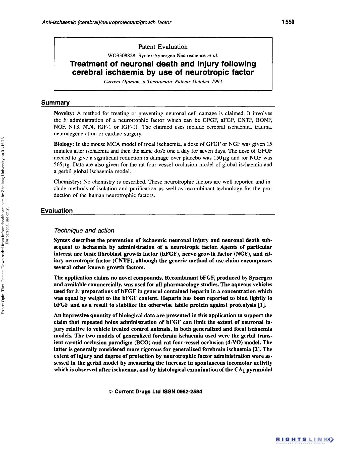 Patent Evaluation: Treatment of neuronal death and injury following cerebral ischaemia by use of neurotropic factor by Unknown
