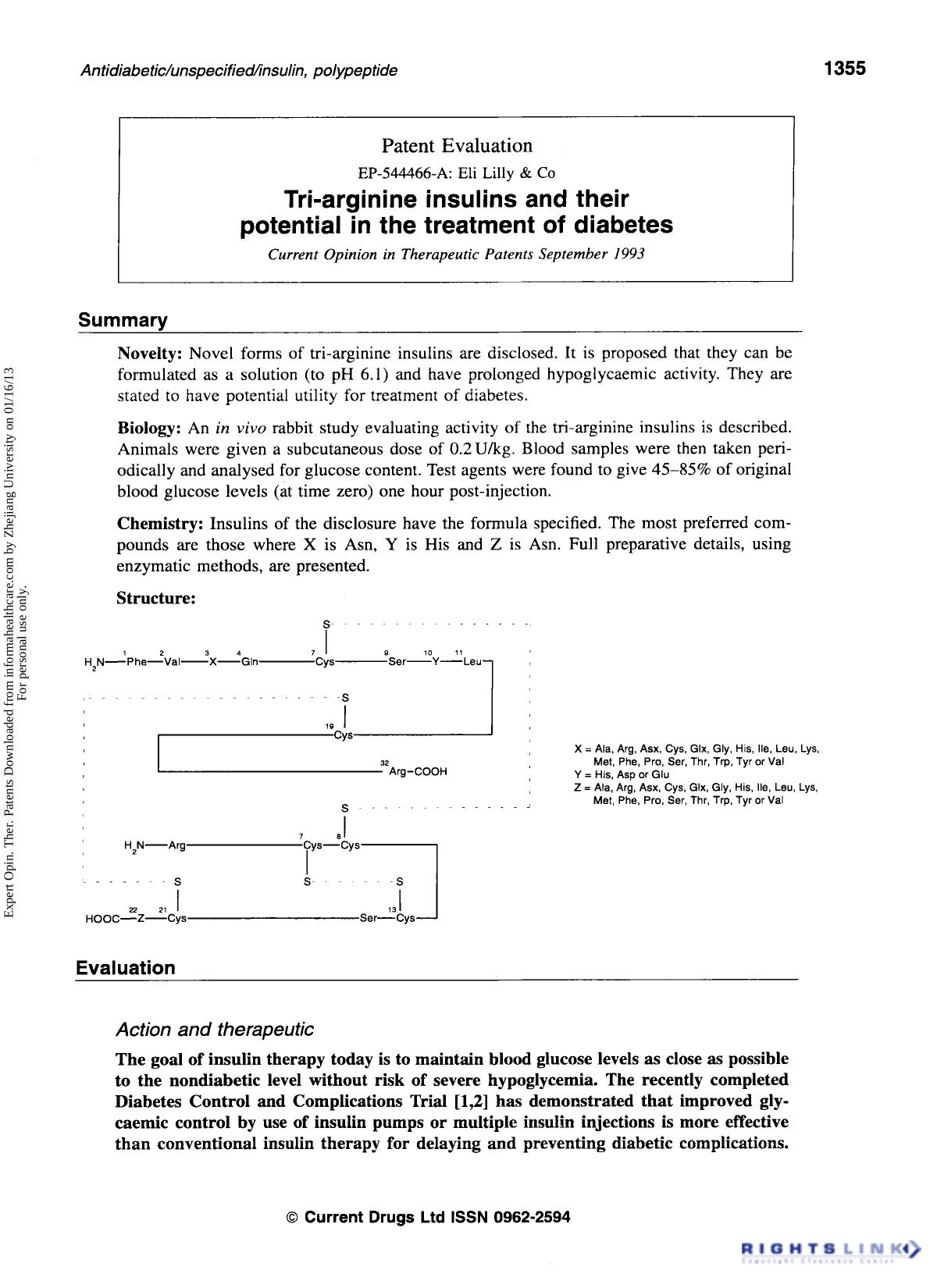 Patent Evaluation: Tri-arginine insulins and their potential in the treatment of diabetes by Unknown