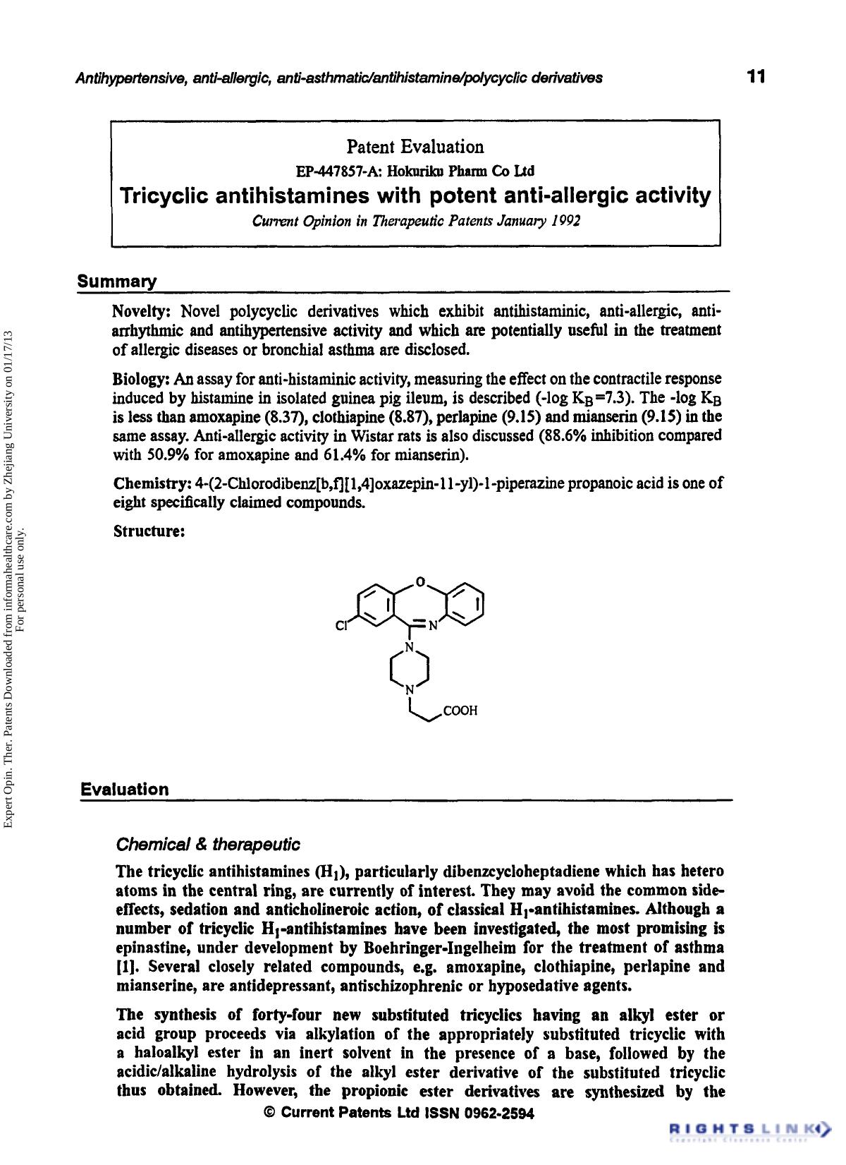 Patent Evaluation: Tricyclic Antihistamines with Potent Anti-Allergic Activity by Unknown