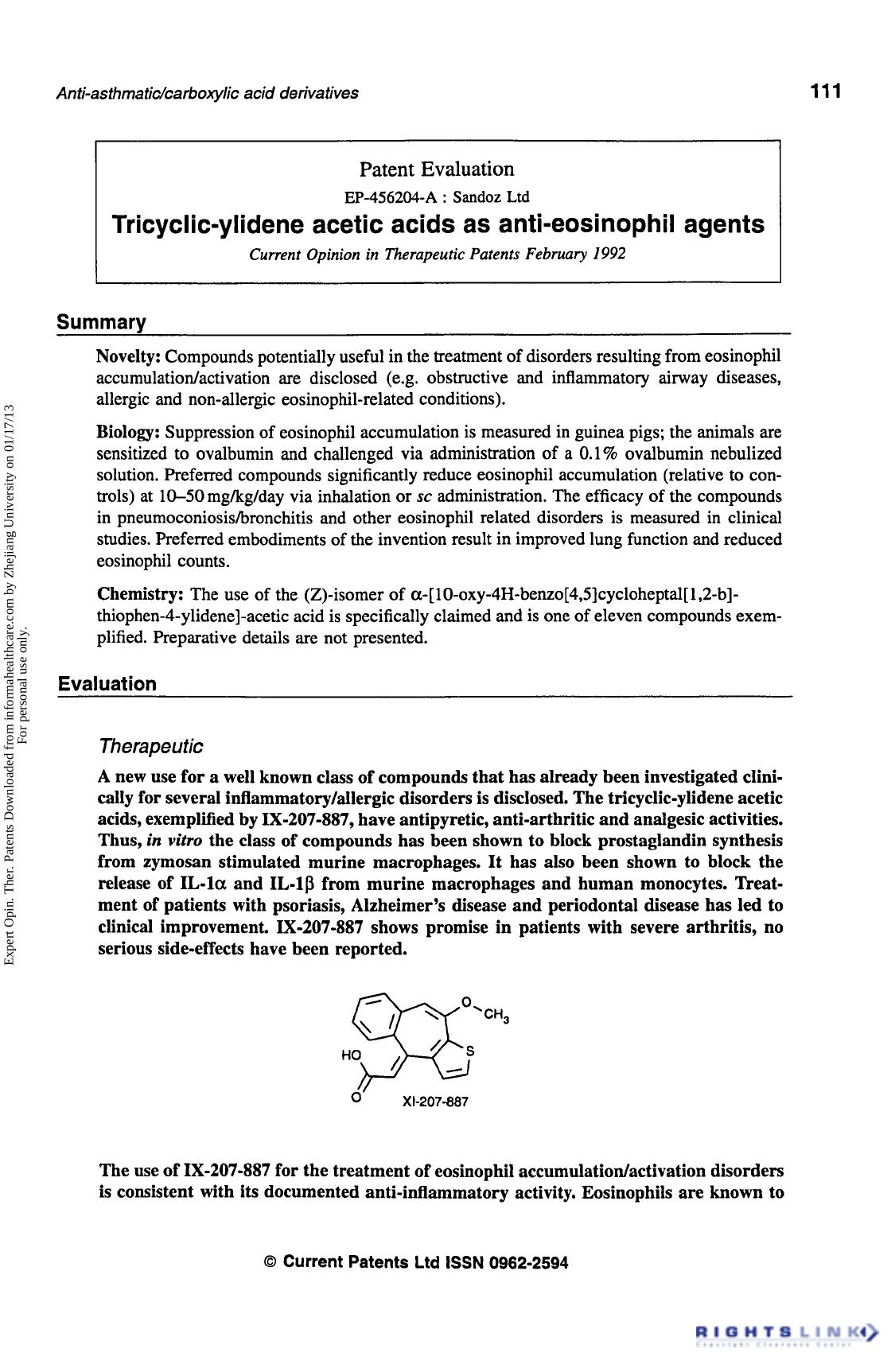 Patent Evaluation: Tricyclic-ylidene acetic acids as anti-eosinophil agents by Unknown