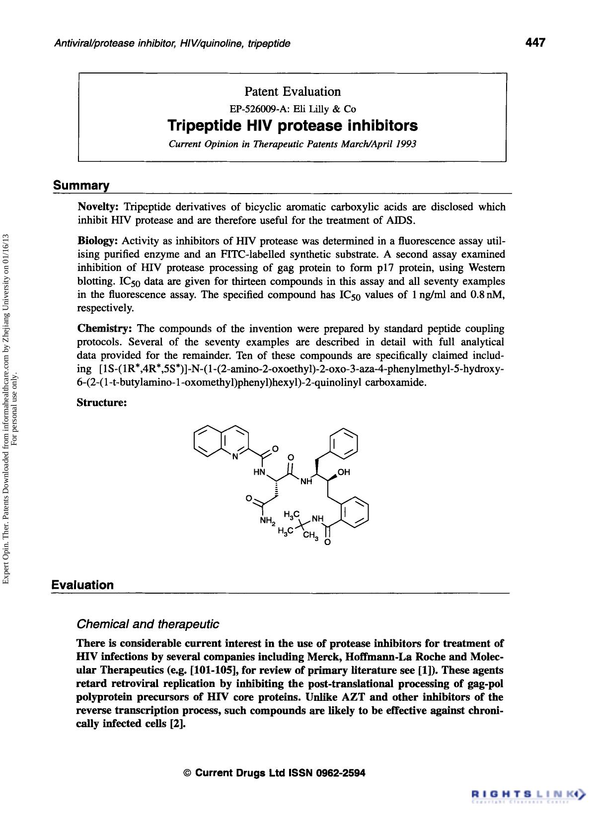Patent Evaluation: Tripeptide HIV protease inhibitors by Unknown