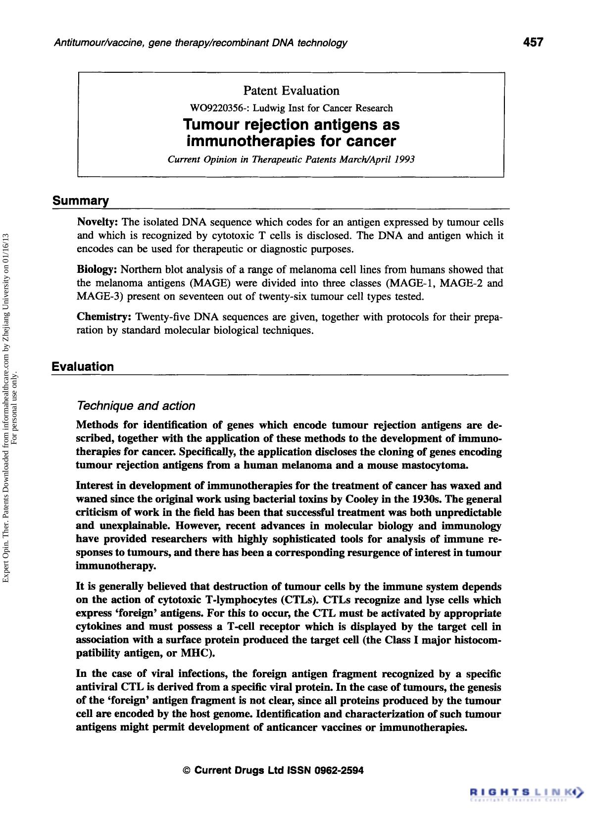 Patent Evaluation: Tumour rejection antigens as immunotherapies for cancer by Unknown