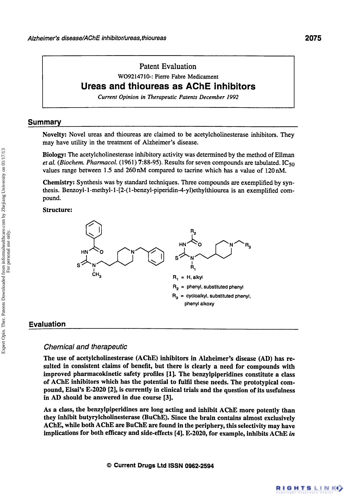 Patent Evaluation: Ureas and Thioureas as AChE Inhibitors by Unknown