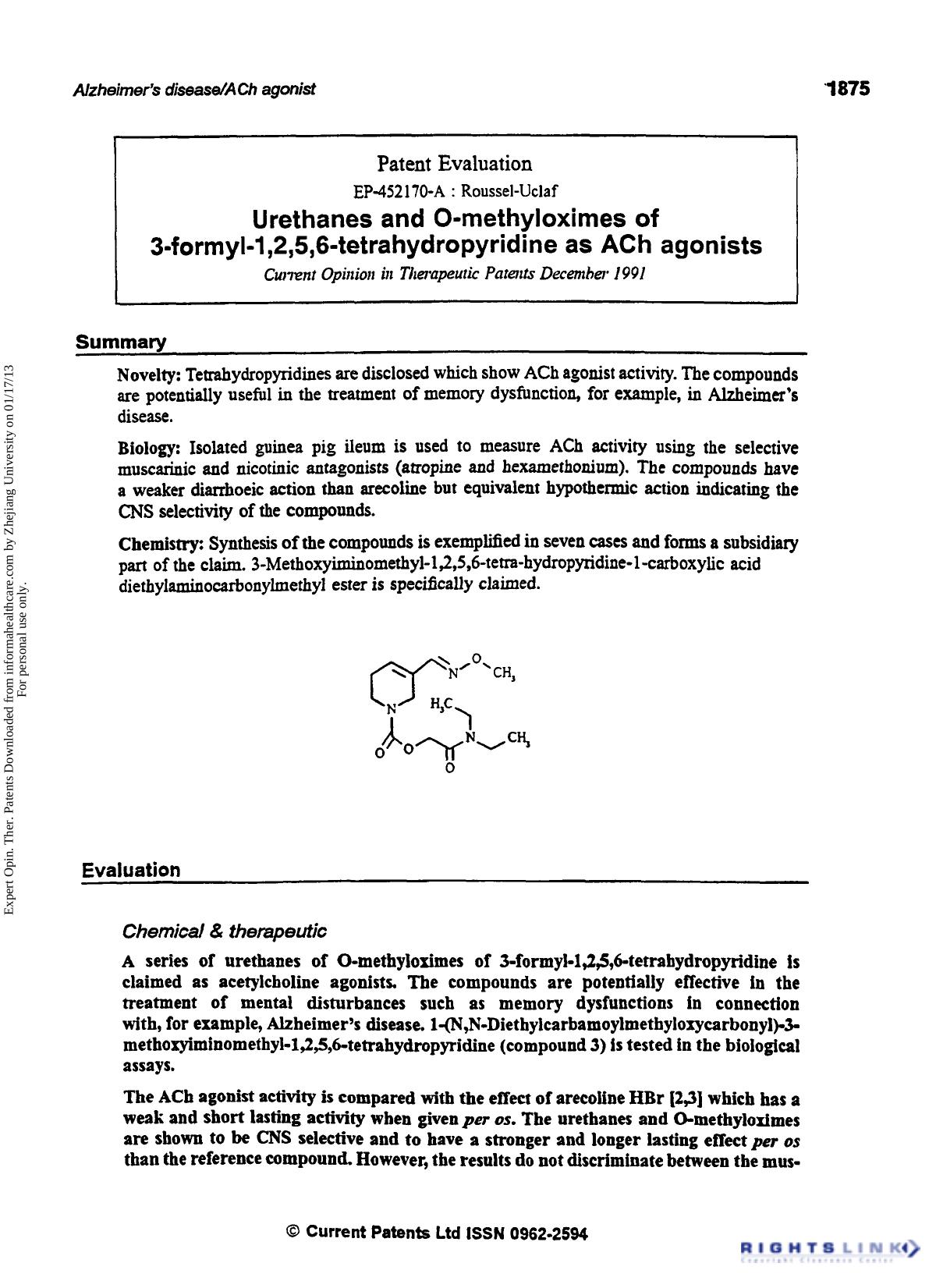 Patent Evaluation: Urethanes and O-methyloximes of 3-formyl-1,2,5,6-tetrahydropyridine as ACh Agonists by Unknown