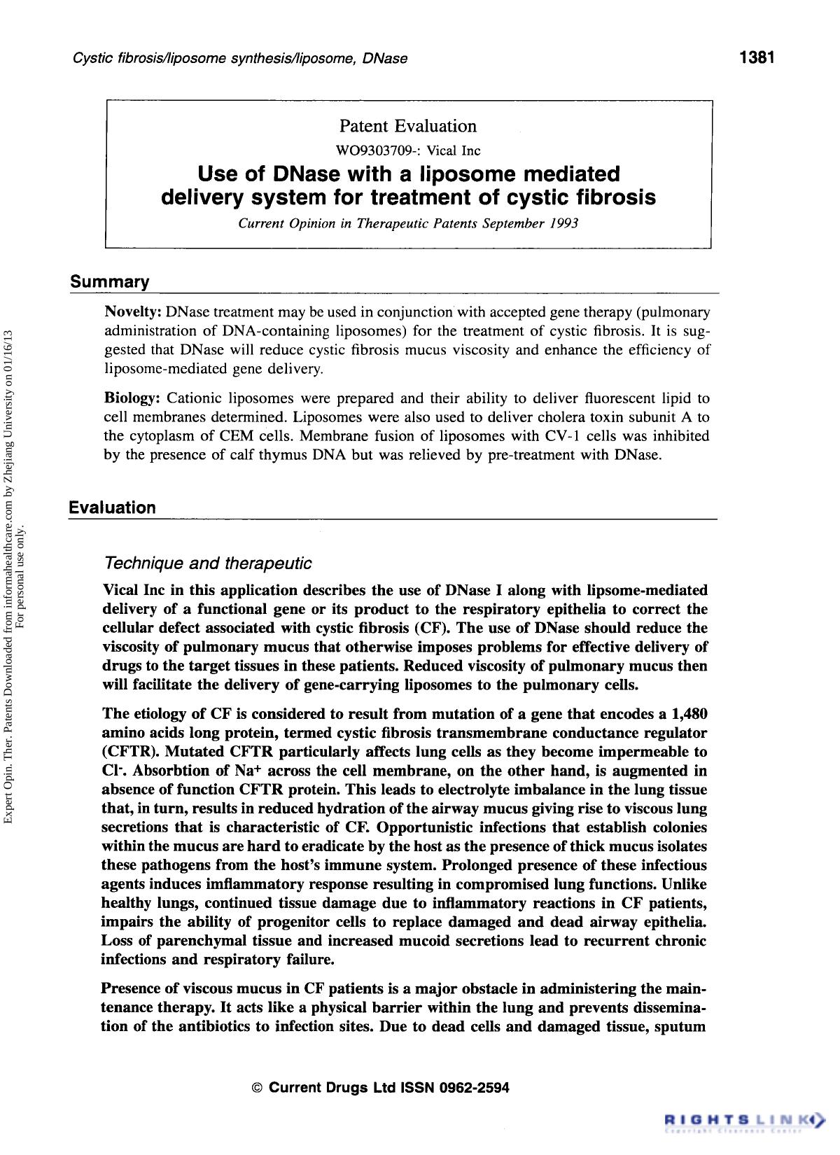 Patent Evaluation: Use of DNase with a liposome mediated delivery system for treatment of cystic fibrosis by Unknown