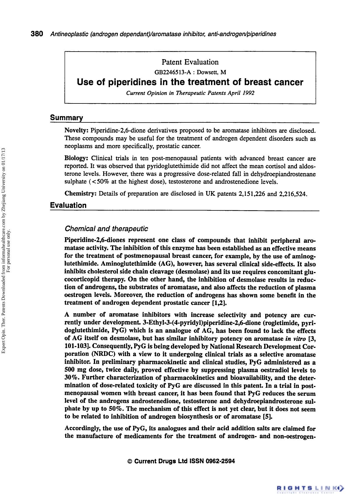 Patent Evaluation: Use of Piperidines in the Treatment of Breast Cancer by Unknown