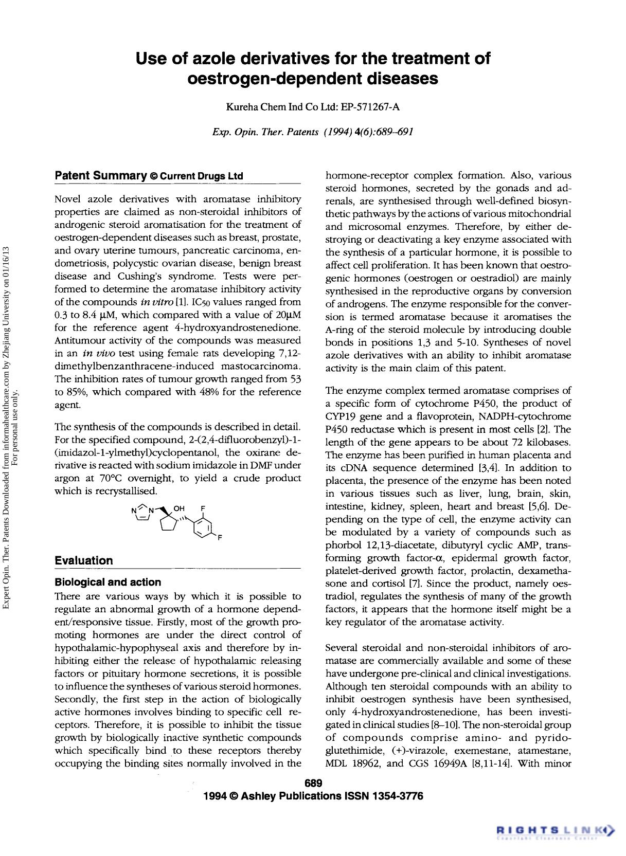 Patent Evaluation: Use of azole derivatives for the treatment of oestrogen-dependent diseases by Unknown