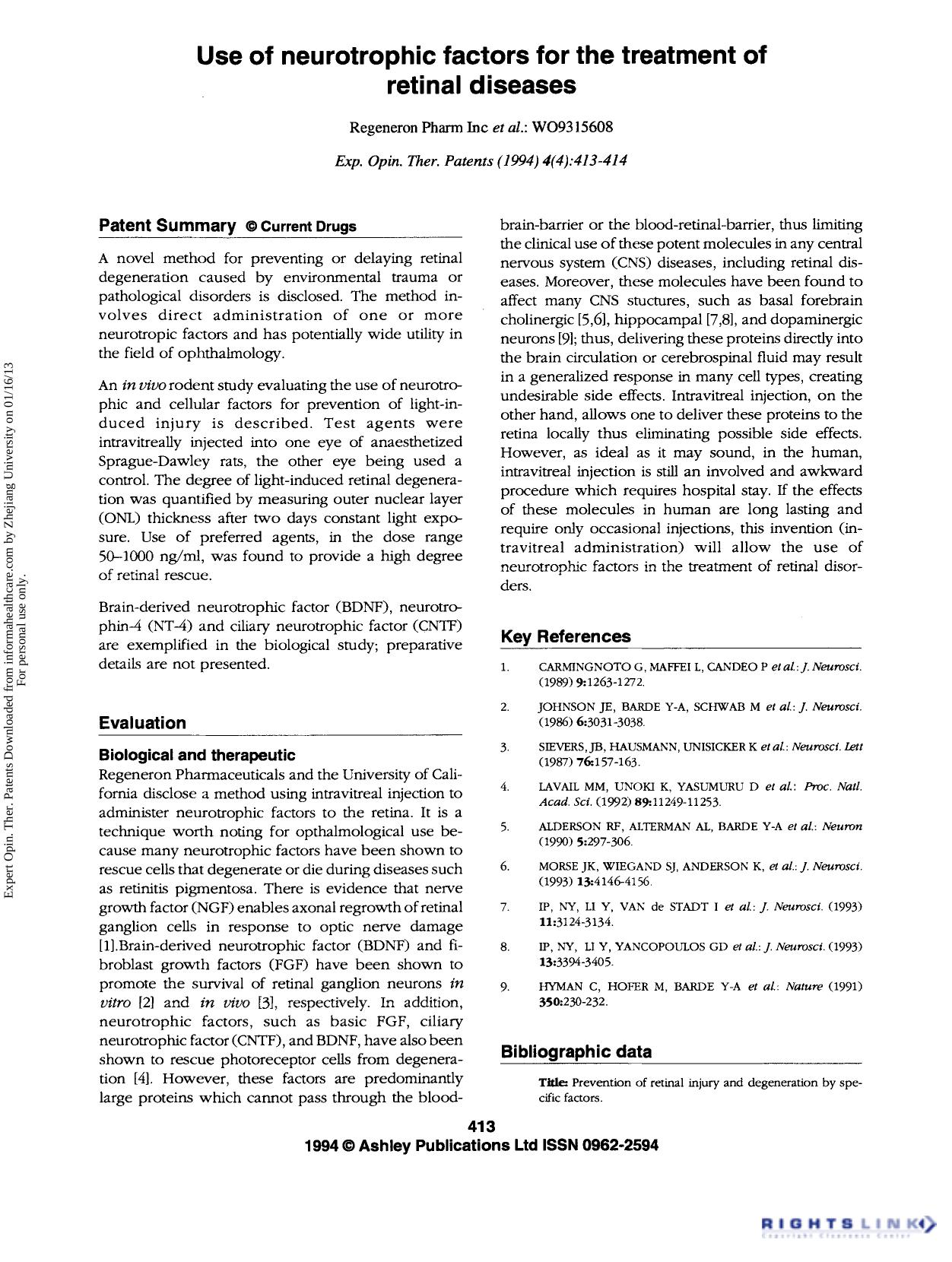 Patent Evaluation: Use of neurotrophic factors for the treatment of retinal diseases by Unknown