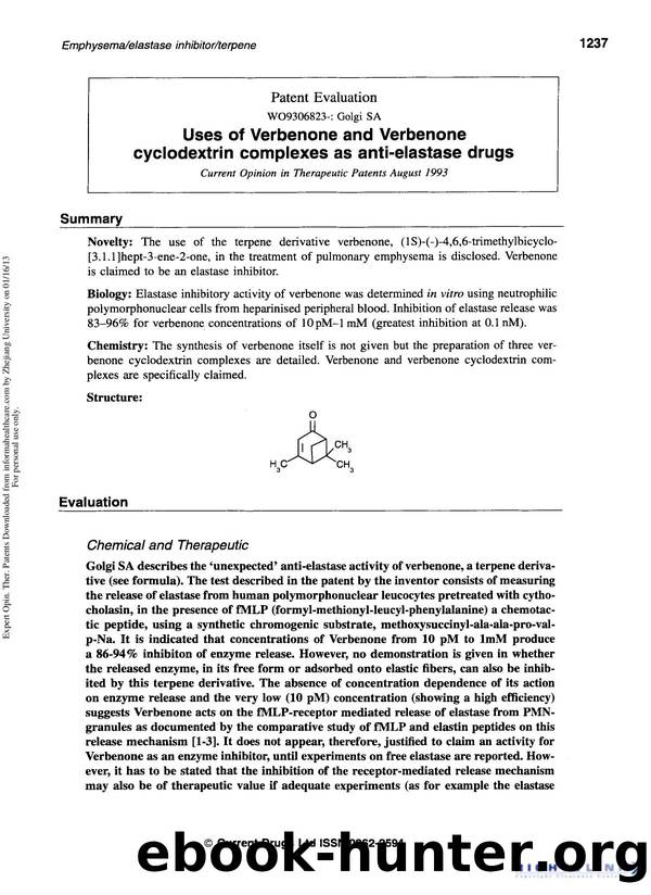 Patent Evaluation: Uses of Verbenone and Verbenone cyclodextrin complexes as anti-elastase drugs by Unknown