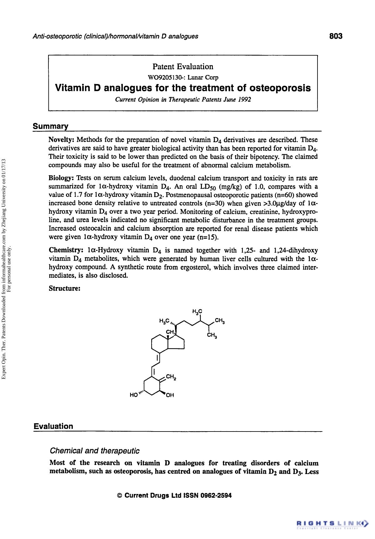 Patent Evaluation: Vitamin D Analogues for the Treatment of Osteoporosis by Unknown