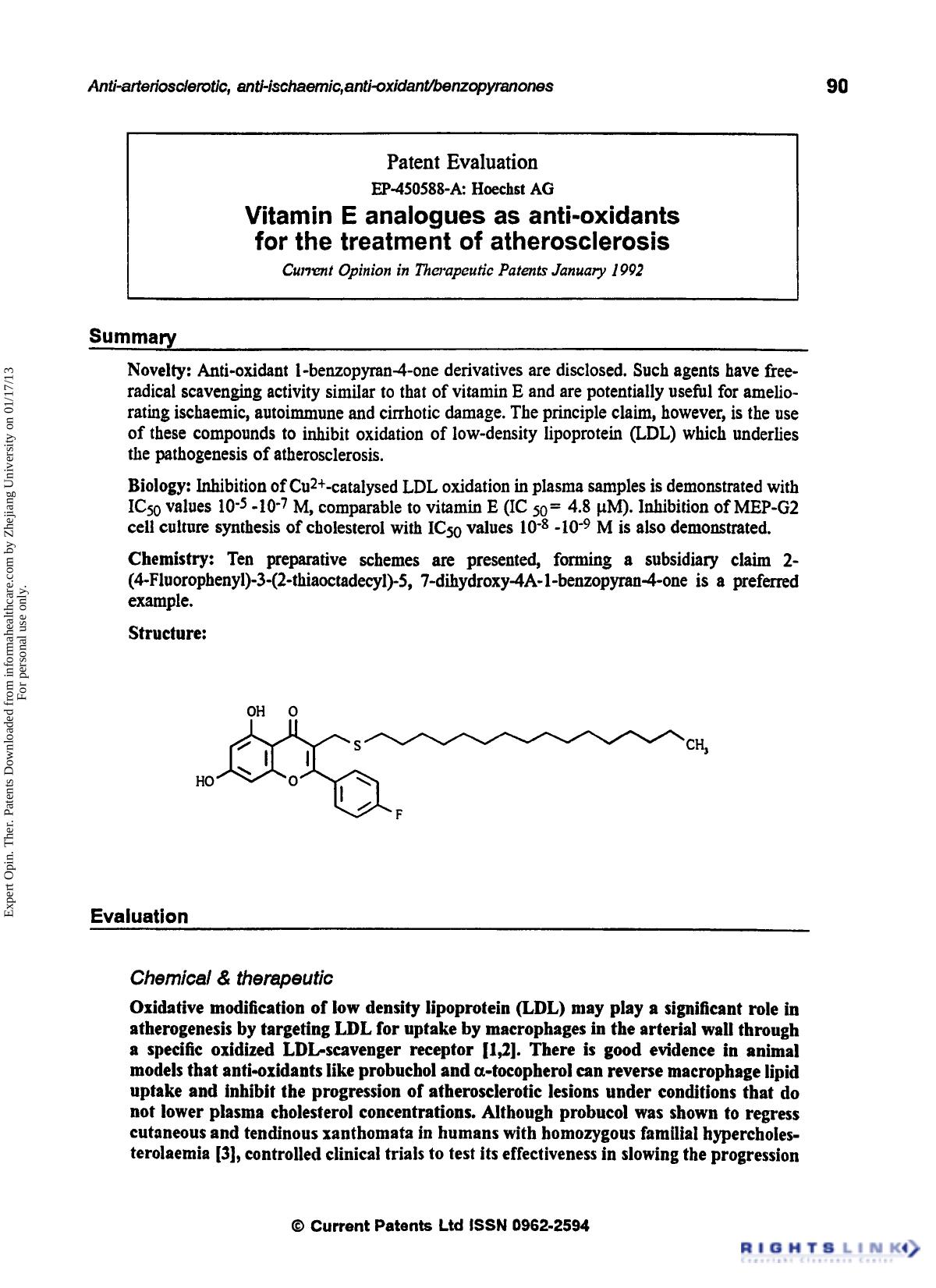 Patent Evaluation: Vitamin E Analogues as Anti-Oxidants for the Treatment of Atherosclerosis by Unknown