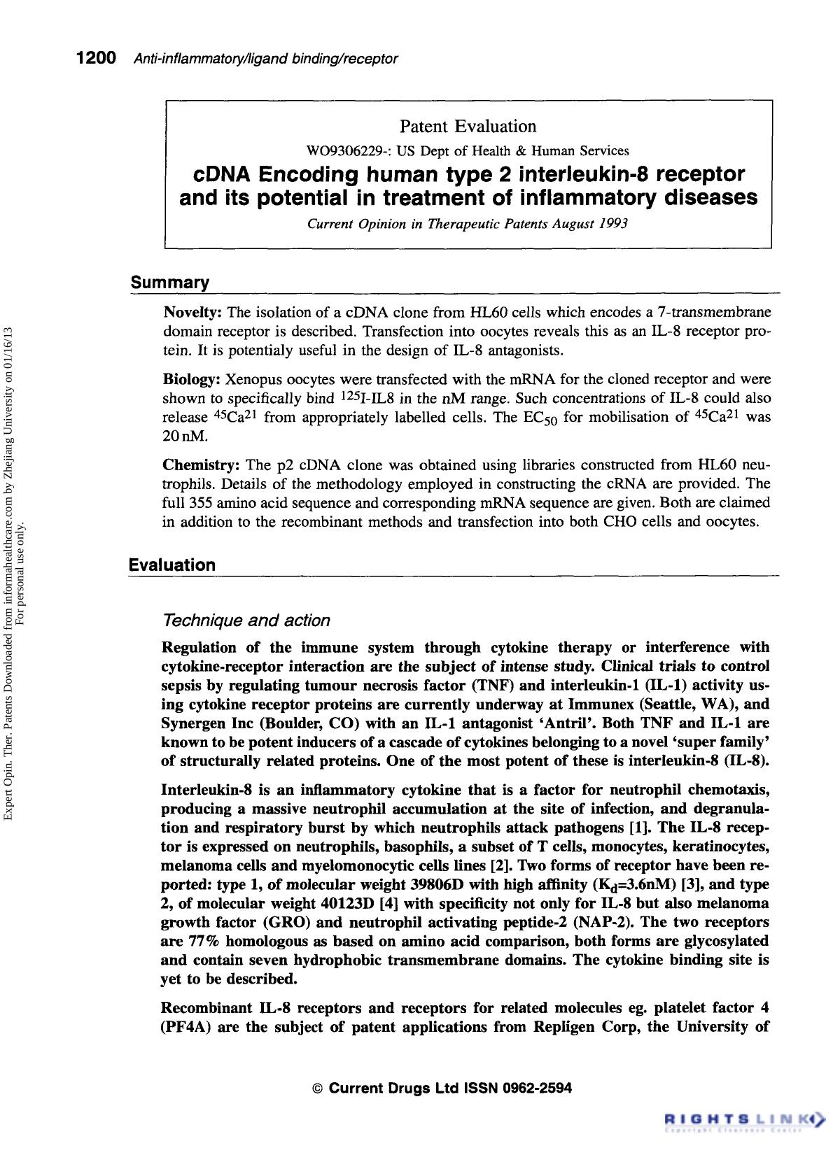 Patent Evaluation: cDNA Encoding human type 2 interleukin-8 receptor and its potential in treatment of inflammatory diseases by Unknown