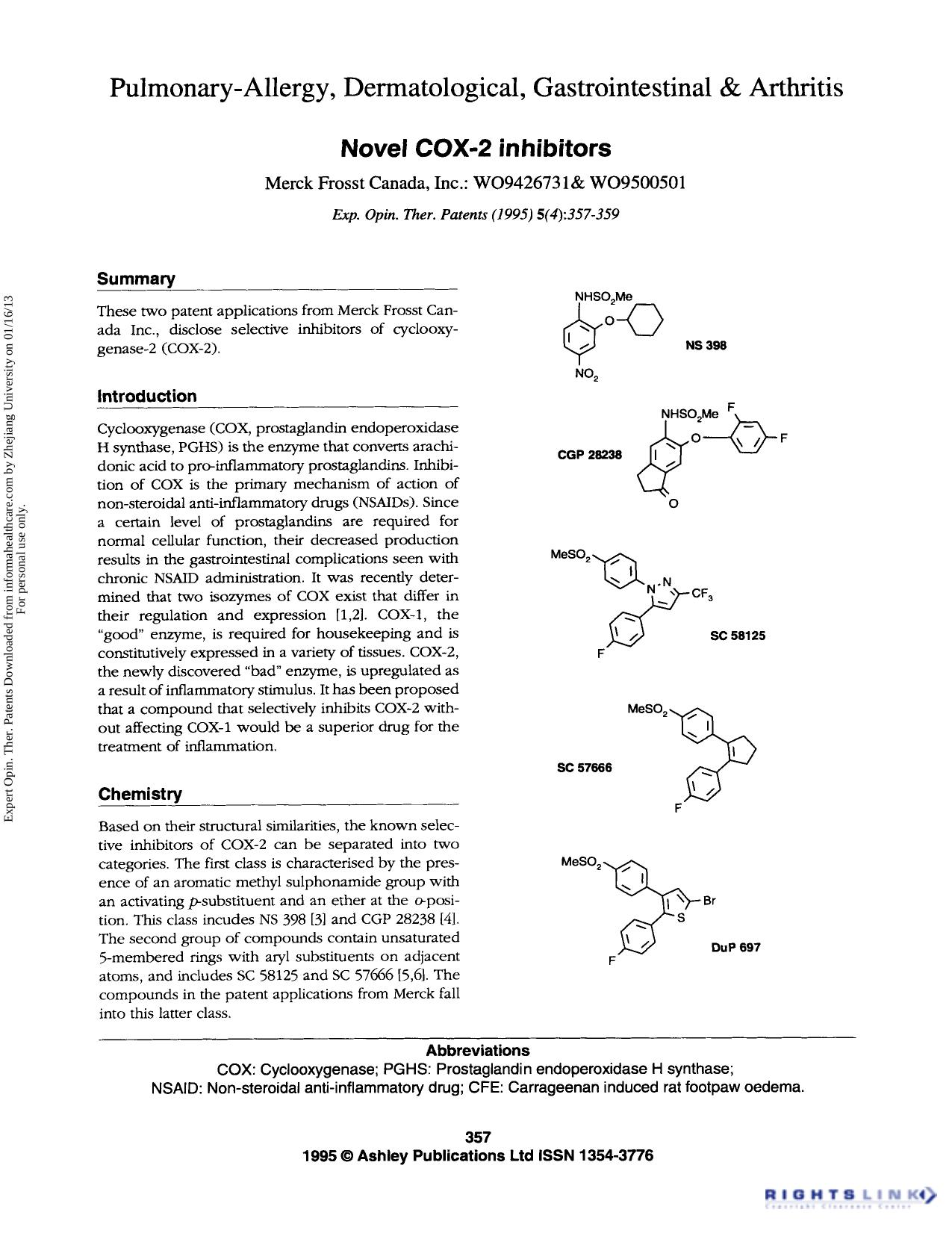 Patent Evaluations: Pulmonary-Allergy, Dermatological, Gastrointestinal & Arthritis Novel COX-2 inhibitors by Unknown