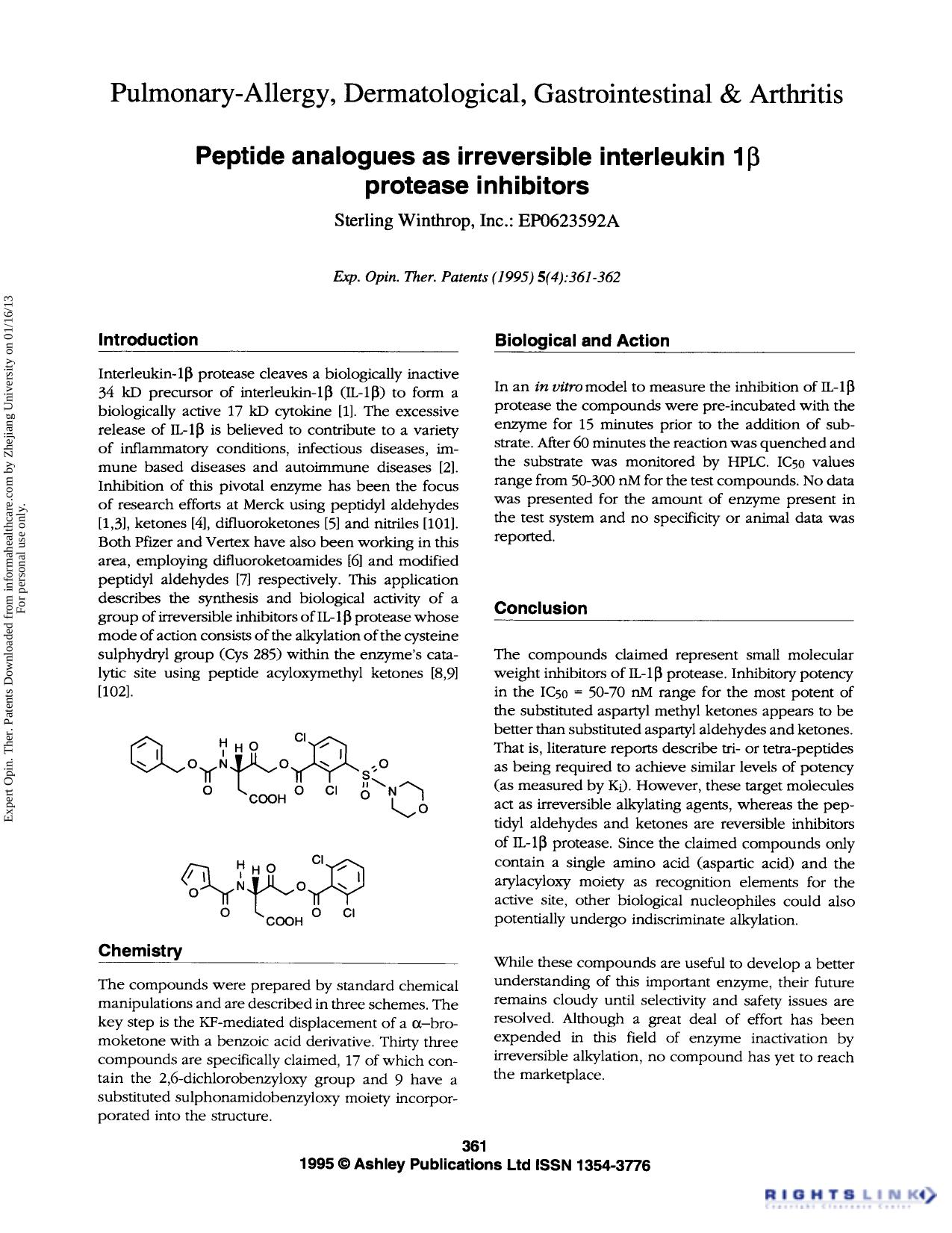 Patent Evaluations: Pulmonary-Allergy, Dermatological, Gastrointestinal & Arthritis Peptide analogues as irreversible interleukin 1 β protease inhibitors by Unknown