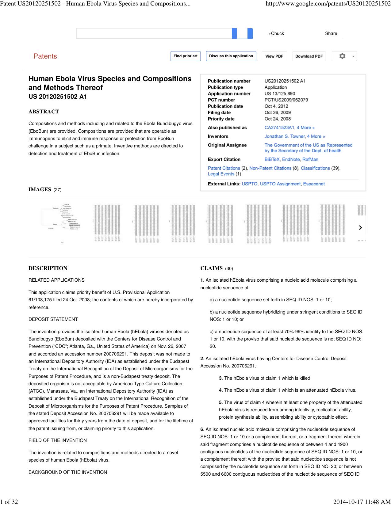Patent US20120251502 - Human Ebola Virus Species and Compositions and Methods Thereof - Google Patents by chuck_000