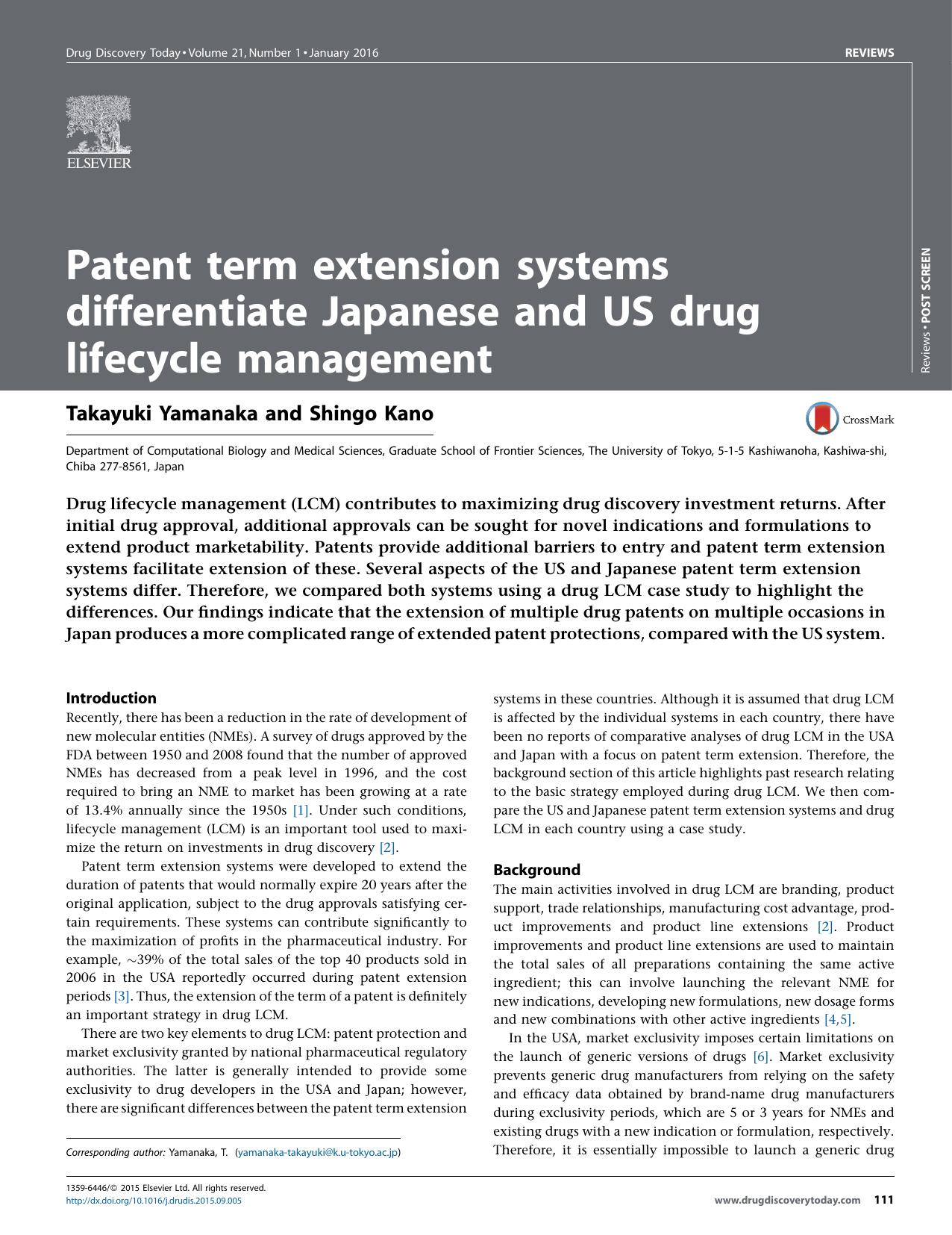 Patent term extension systems differentiate Japanese and US drug lifecycle management by Takayuki Yamanaka & Shingo Kano