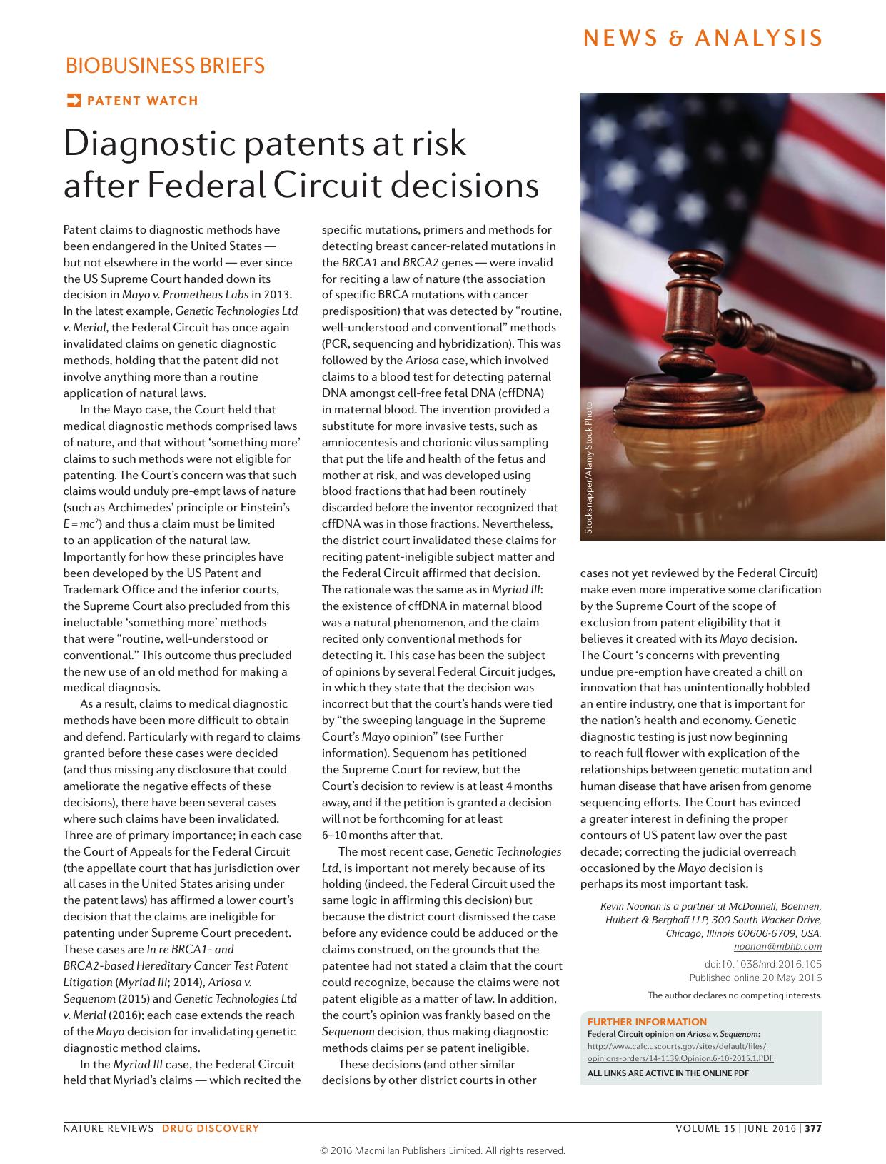 Patent watch: Diagnostic patents at risk after Federal Circuit decisions by Kevin Noonan
