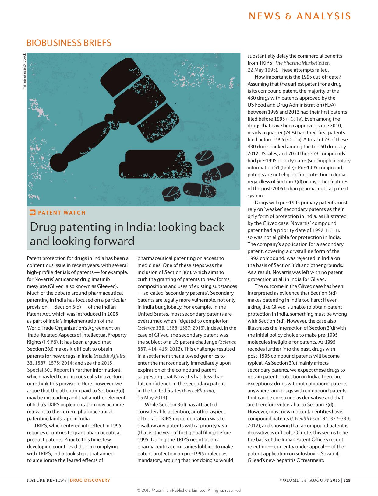 Patent watch: Drug patenting in India: looking back and looking forward by Bhaven N. Sampat & Kenneth C. Shadlen