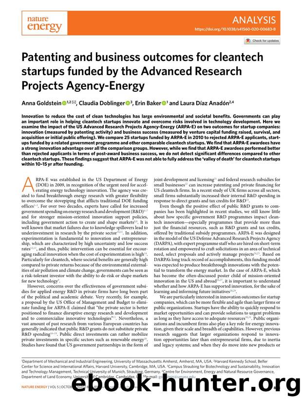 Patenting and business outcomes for cleantech startups funded by the Advanced Research Projects Agency-Energy by Anna Goldstein & Claudia Doblinger & Erin Baker & Laura Díaz Anadón