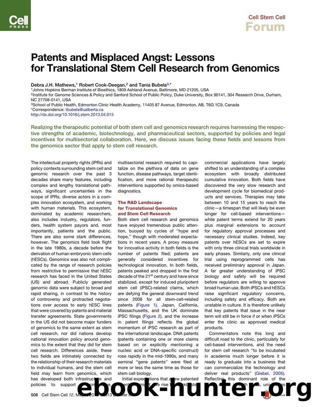Patents and Misplaced Angst: Lessons for Translational Stem Cell Research from Genomics by Debra J.H. Mathews & Robert Cook-Deegan & Tania Bubela