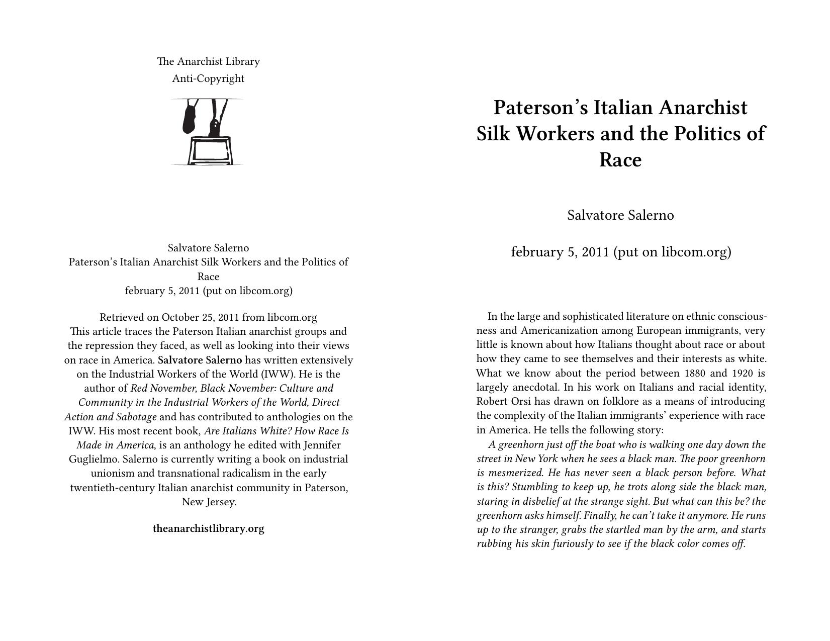 Patersonâs Italian Anarchist Silk Workers and the Politics of Race by Salvatore Salerno