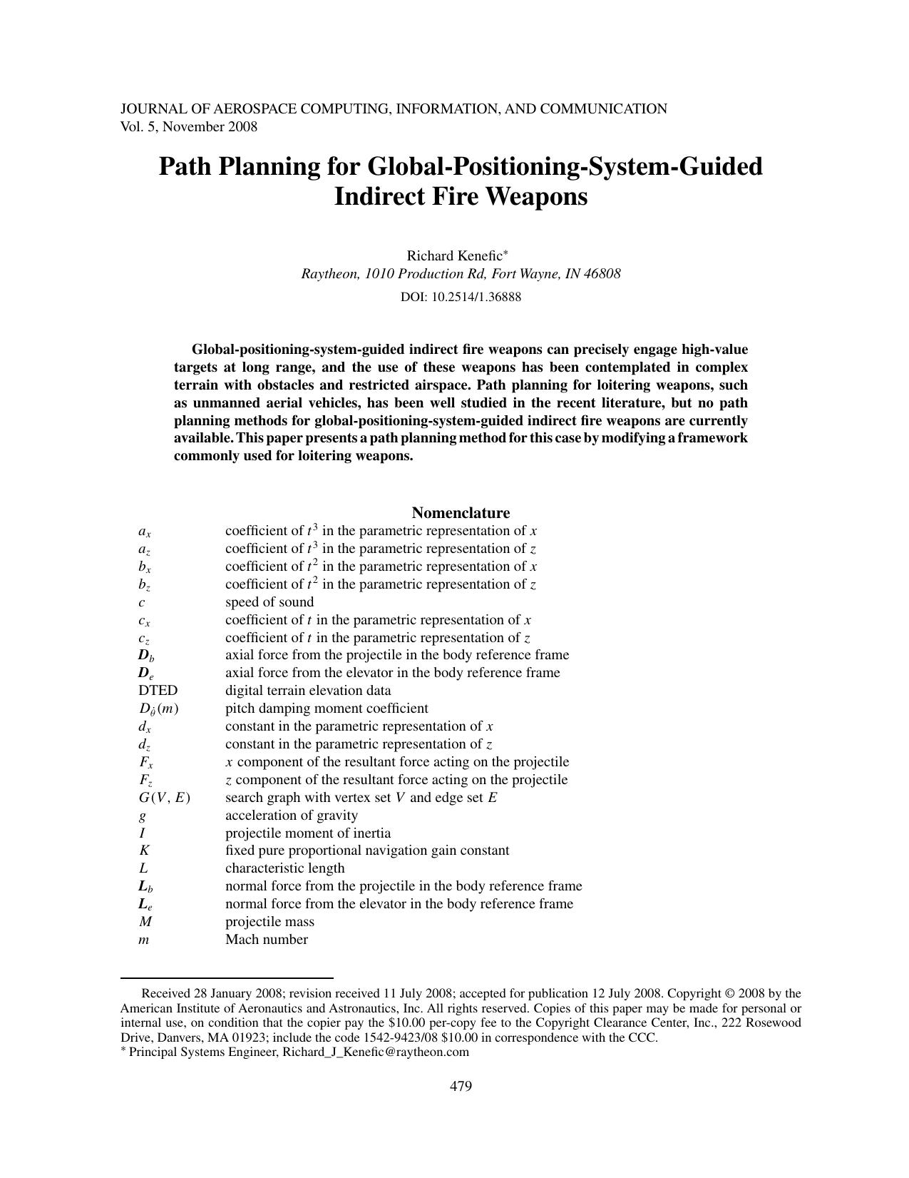 Path Planning for Global-Positional-System-Guided Indirect Fire Weapons by Unknown