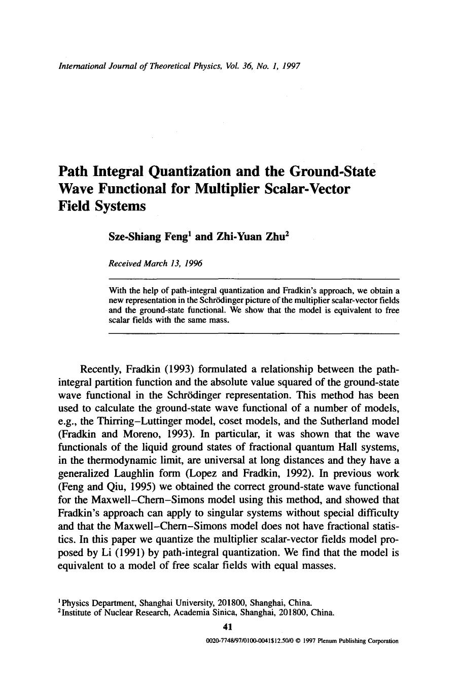 Path integral quantization and the ground-state wave functional for multiplier scalar-vector field systems by Unknown