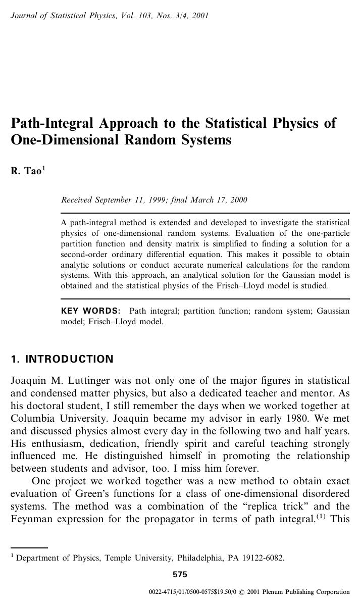 Path-Integral Approach to the Statistical Physics of One-Dimensional Random Systems by Unknown