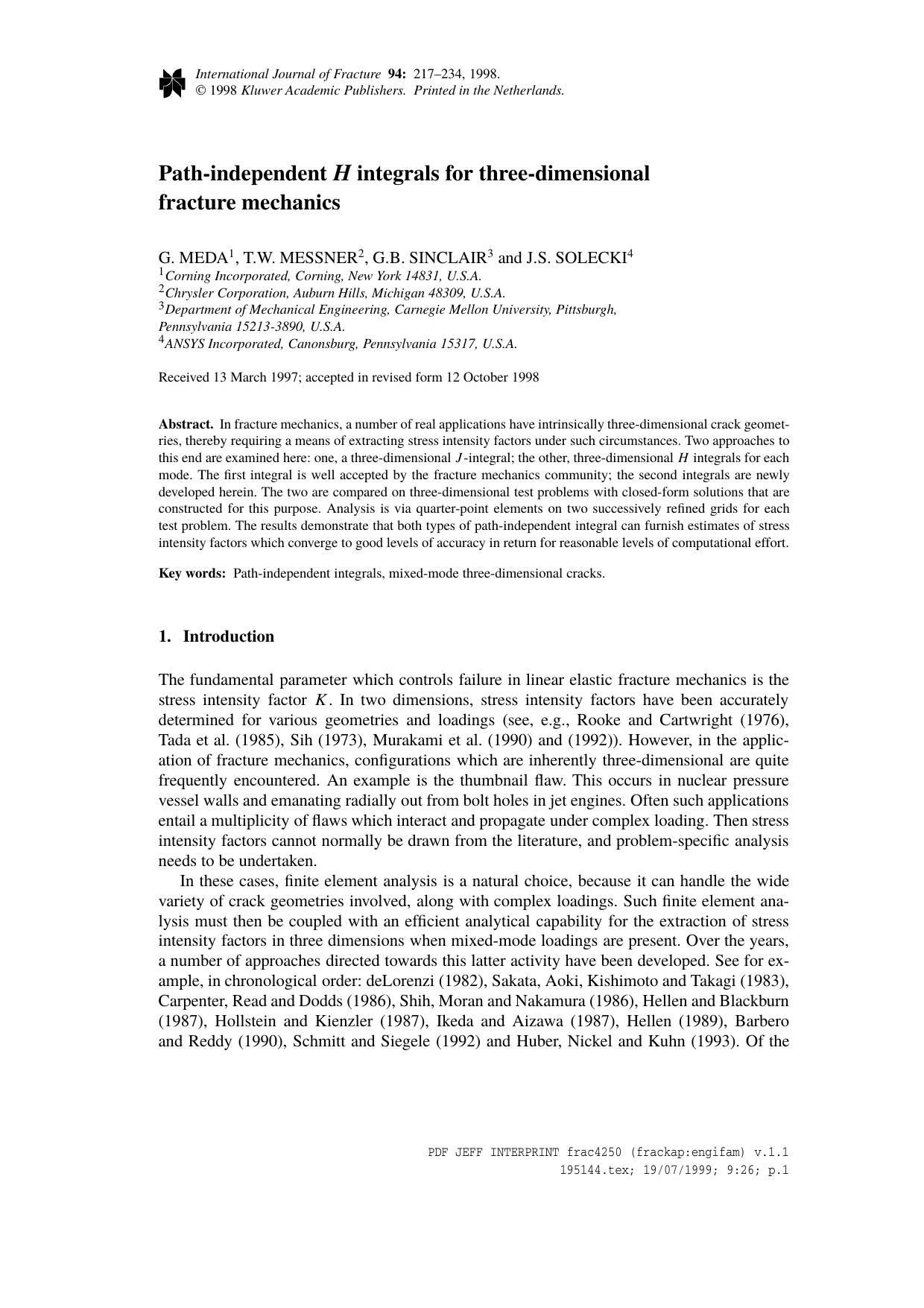 Path-independent H integrals for three-dimensional fracture mechanics by Unknown