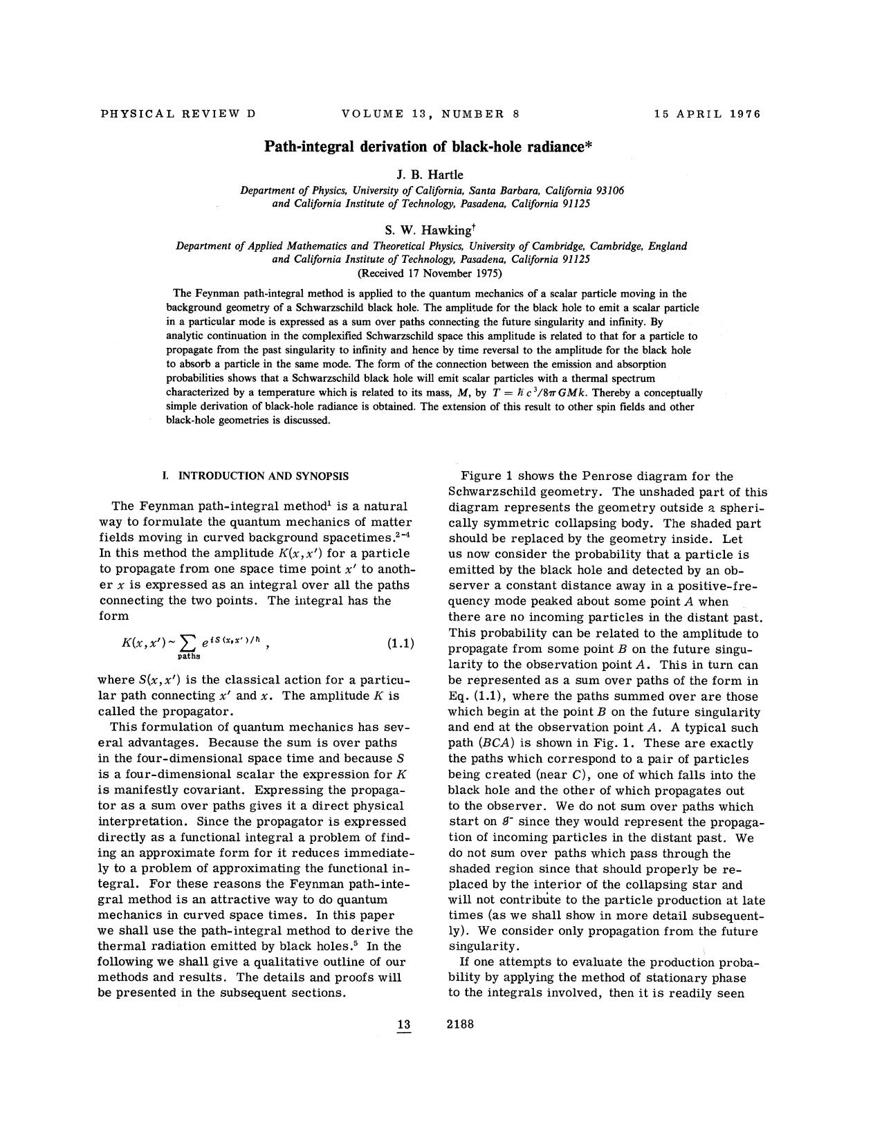 Path-integral derivation of black-hole radiance by J. B. Hartle & S. W. Hawking