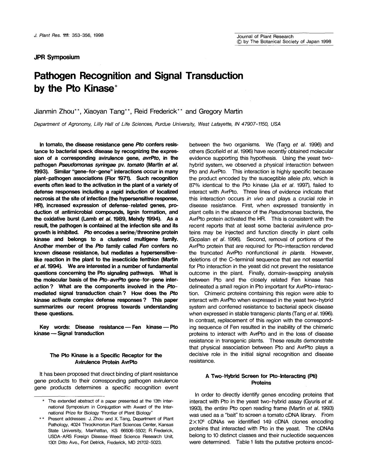 Pathogen recognition and signal transduction by the Pto kinase by Unknown