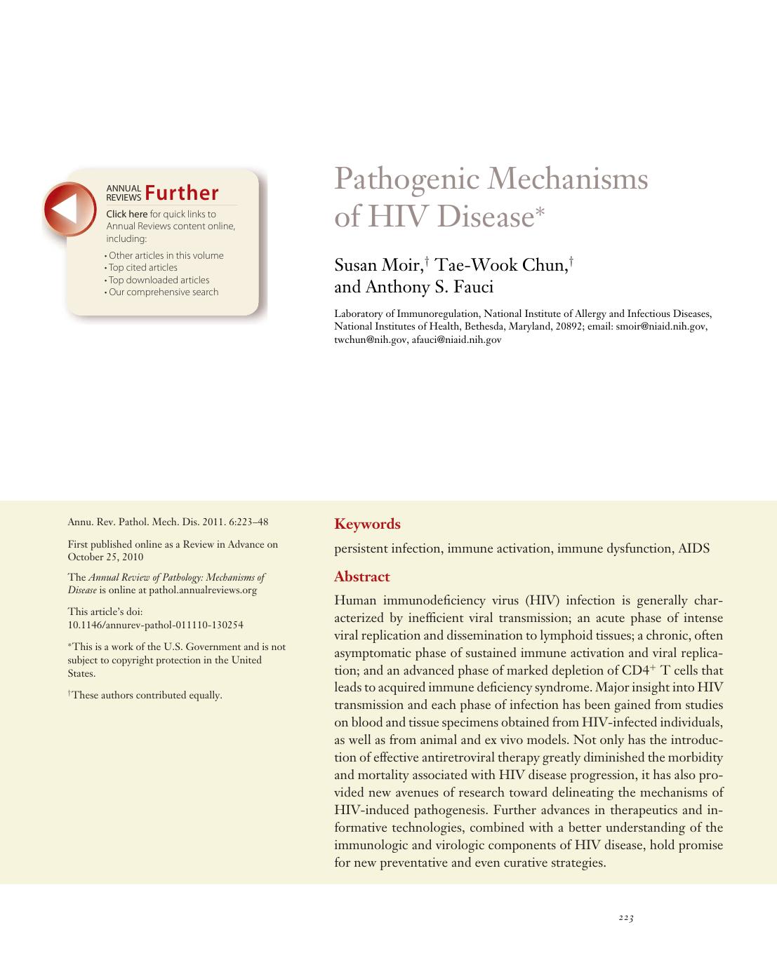 Pathogenic Mechanisms of HIV Disease by Susan Moir Tae-Wook Chun Anthony S. Fauci