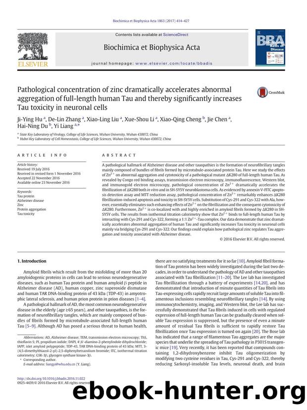 Pathological concentration of zinc dramatically accelerates abnormal aggregation of full-length human Tau and thereby significantly increases Tau toxicity in neuronal cells by unknow