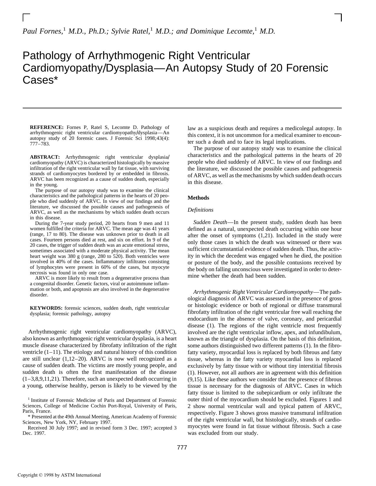 Pathology of arrhythmogenic right ventricular cardiomyopathydysplasiaŁAn autopsy study of 20 forensic cases by Fornes P Ratel S Lecomte D
