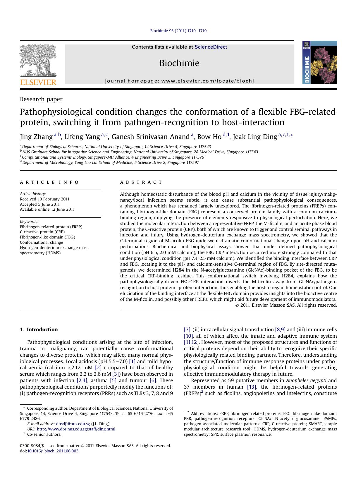 Pathophysiological condition changes the conformation of a flexible FBG-related protein, switching it from pathogen-recognition to host-interaction by Jing Zhang & Lifeng Yang & Ganesh Srinivasan Anand & Bow Ho & Jeak Ling Ding