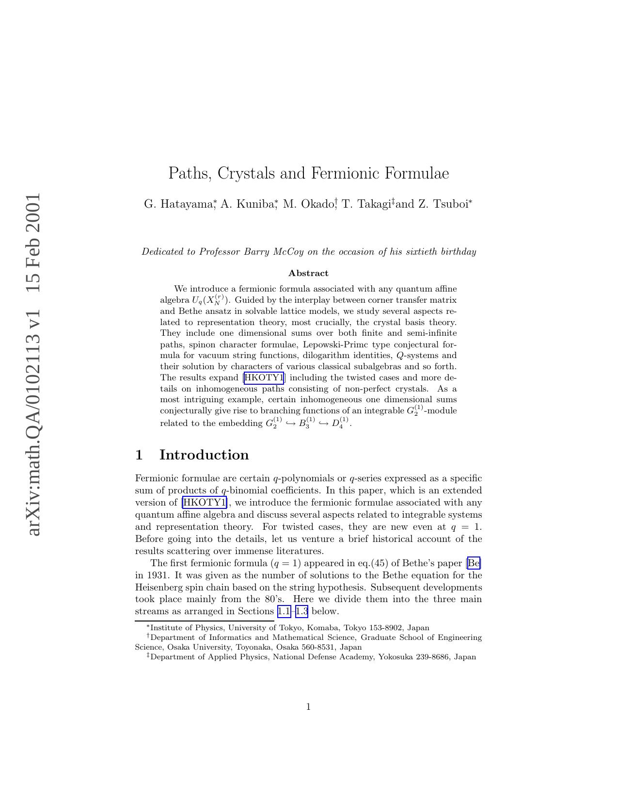 Paths, Crystals and Fermionic Formulae by Hatayama G.; Kuniba A.; Okado M.; Takagi T.; Tsuboi Z