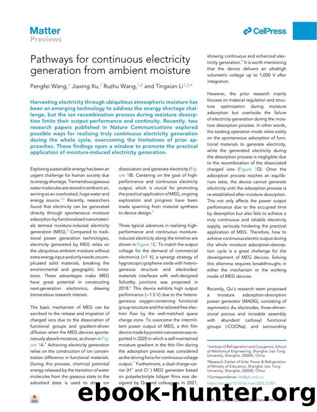 Pathways for continuous electricity generation from ambient moisture by Pengfei Wang & Jiaxing Xu & Ruzhu Wang & Tingxian Li