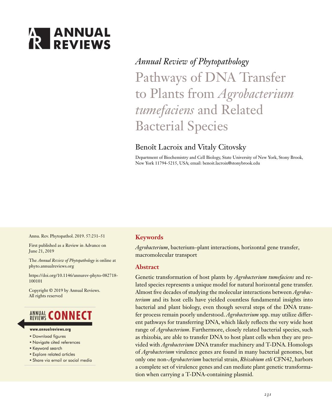 Pathways of DNA Transfer to Plants from Agrobacterium tumefaciens and Related Bacterial Species by Benoît Lacroix and Vitaly Citovsky