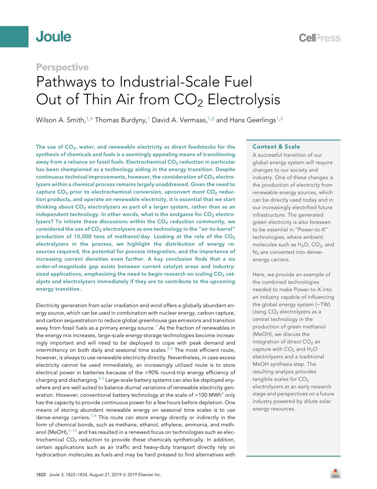 Pathways to Industrial-Scale Fuel Out of Thin Air from CO2 Electrolysis by Wilson A. Smith & Thomas Burdyny & David A. Vermaas & Hans Geerlings