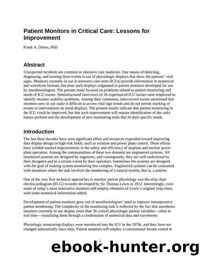 Patient Monitors in Critical Care: Lessons for Improvement by Agency for Healthcare Research and Quality
