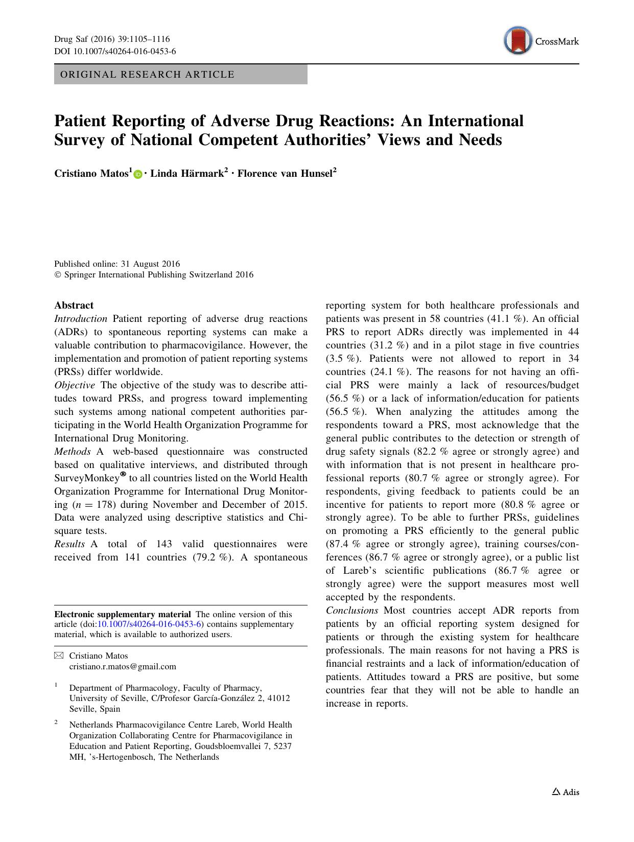 Patient Reporting of Adverse Drug Reactions: An International Survey of National Competent Authoritiesâ Views and Needs by Cristiano Matos & Linda Härmark & Florence Hunsel
